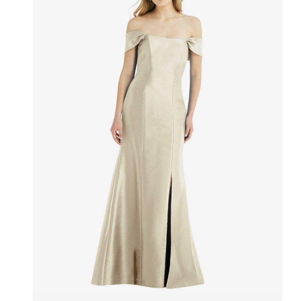 Alfred Sung Champagne Beige Off the Shoulder Bow Back Satin Dress - Picture 1 of 10